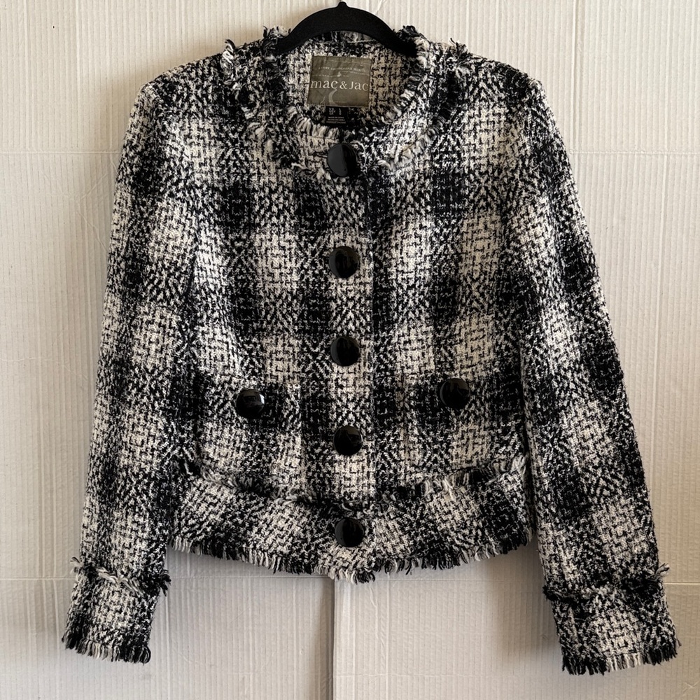 Mac & Jac Black White Tweed Jacket Size L Plaid Button Front Blazer Preppy Twee